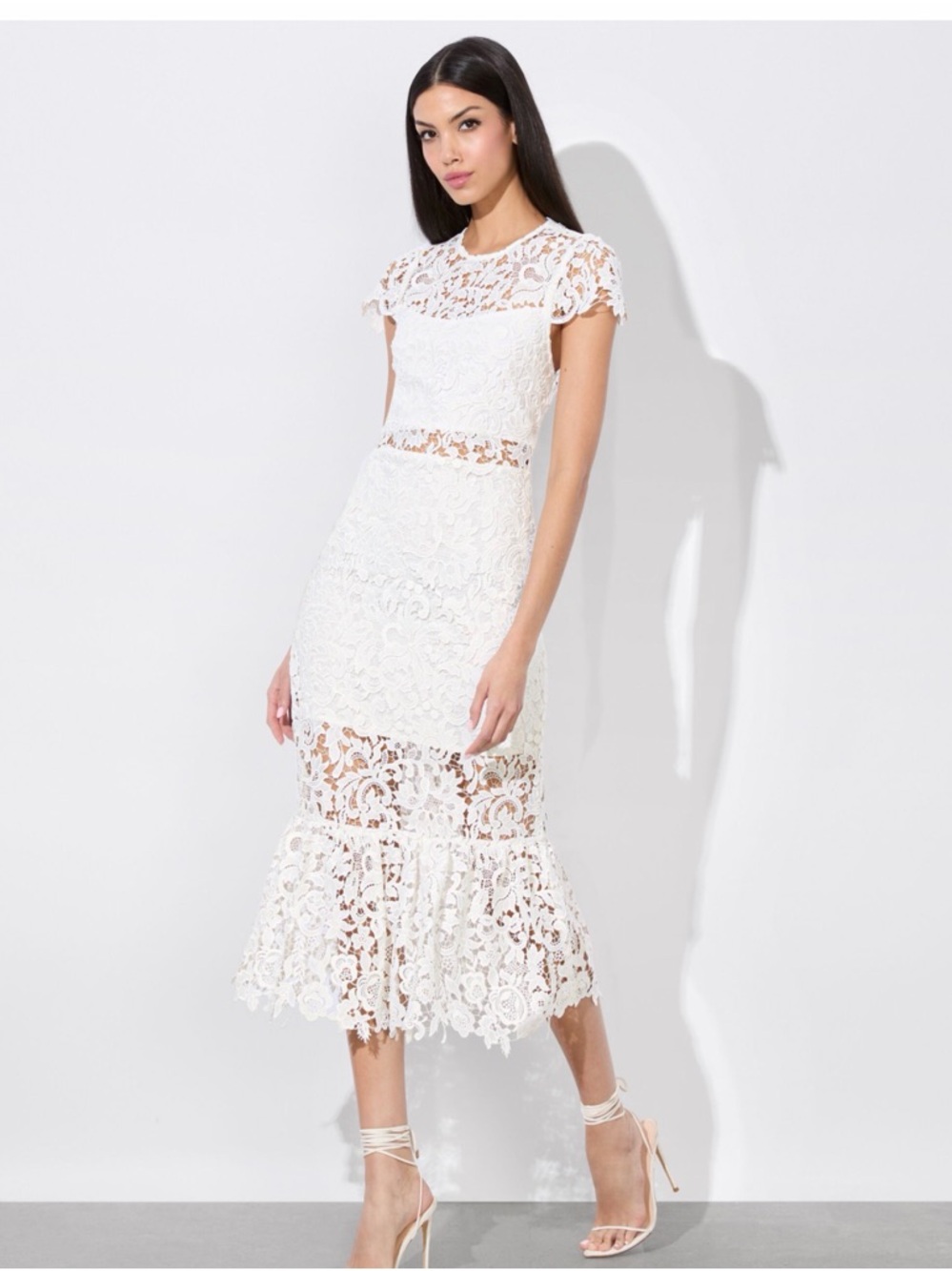 Alice + Olivia White Lace Midi Dress with Scalloped Hem, open back